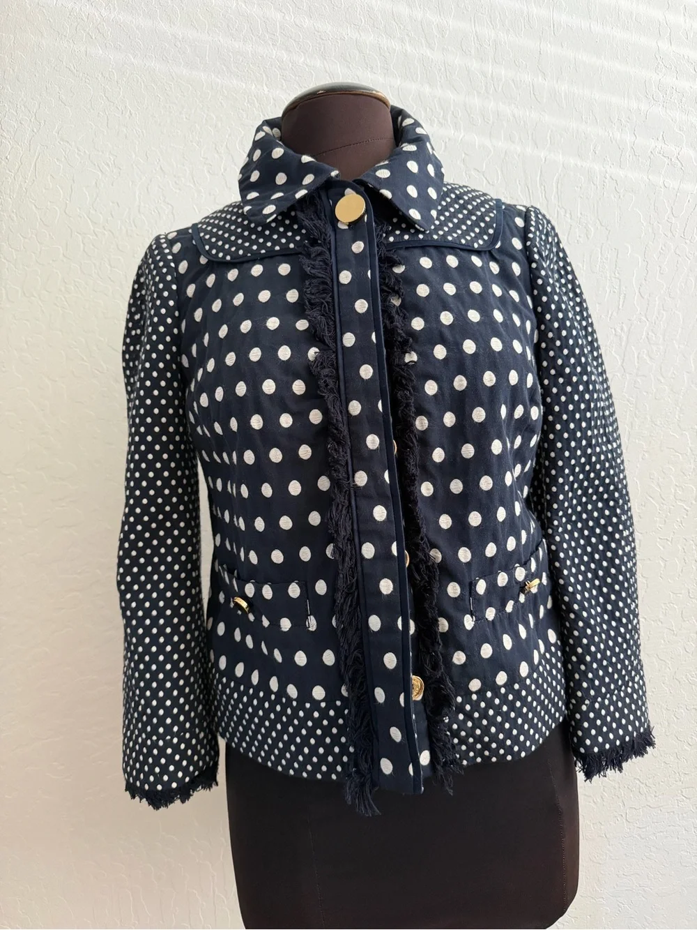 Tory Burch Leonora Polka Dot Fringe Navy Blue Jacket